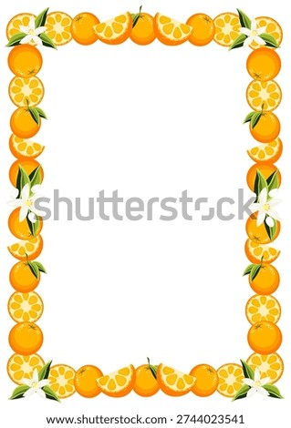 Square frame made of fresh oranges, slices and blossoms isolated on white background, citrus border for greeting card, banner and packaging design