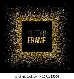Square frame made of golden glitter isolated on black background. Vector golden frame.