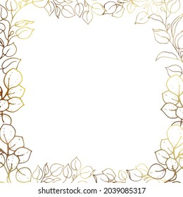 Square frame made of golden leaves and branches on a white background. Minimalism of forms in a square frame and abstraction. Leaves and branches of plants. Vector illustration.
