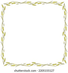 Marco cuadrado hecho de orejas de trigo dorado o centeno. Borde de otoño vectorial, fondo de la mano dibujado en estilo plano Doodle, aislado en fondo blanco