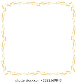 Square frame made of golden wheat or rye ears. Vector autumn border, backdrop hand drawn in flat style, isolated on white background