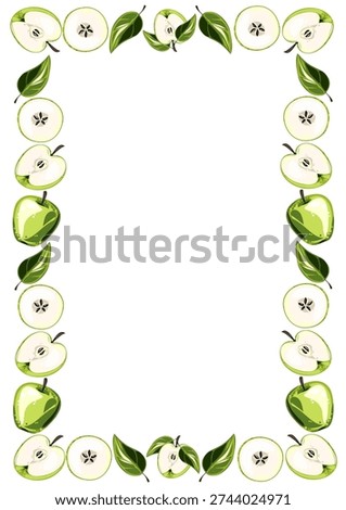 Square frame made of green apples, slices and leaves isolated on white background, fresh fruit border for banner and greeting card design