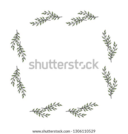 Square frame made of green branches. Branches on white background for your design.  

