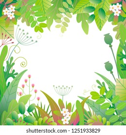 Square frame made with green leaves, grass and flowers on white background with space for text. Floral border with simple elements of spring plants. Vector flat illustration.