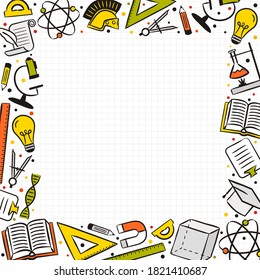 A square frame made of hand-drawn school elements. Background from a notebook sheet in a box. Vector illustration in doodle style for decoration of school banners, projects, posters.