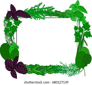 Square frame made of kitchen herbs