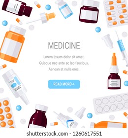 Square frame made of medicine items. Bottles with medications, pills and drops in flat style on white background. Vector template with clipping mask for web banner, flyer, poster etc.