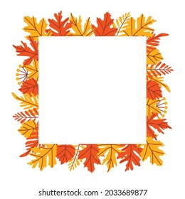 A square frame made of orange and yellow autumn leaves. Vector composition of oak, maple, apple tree leaves and other twigs for bright autumn cards, packaging, gift paper, invitations, etc.