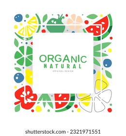 Marco cuadrado hecho de frutas naturales orgánicas. Banner de frutas tropicales de verano, afiche, diseño de plantillas de tarjetas ilustración vectorial