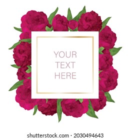 Square frame made of peony flowers. An empty space for the text. Postcard. A design element. Vector.