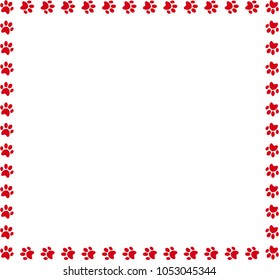 Square frame made of red animal paw prints on white background. Vector illustration, template, border, framework, photo frame, poster, banner, cats or dogs paw walking track.