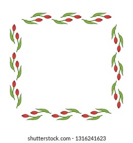 Square frame made of red tulips. Flowers on white background for your design