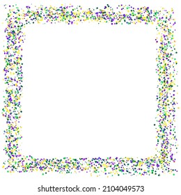 Square frame made of scattered yellow, green, purple confetti on white background. Design for Carnival, Mardi Gras, Holiday decoration greeting card, poster, web template. Vector illustration