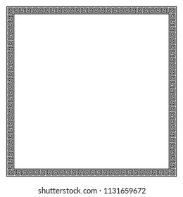 Square frame made of seamless meander pattern. Meandros, a decorative border, constructed from continuous lines, shaped into a repeated motif. Greek fret or Greek key. Illustration over white. Vector.