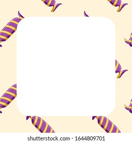 Square frame made of seamless pattern with oval candies in purple with yellow stripes wrapper. Yellow background, vector.