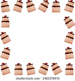 A square frame made up of strawberry cakes. White background, vector.