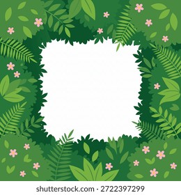 A square frame made of various green leaves and tiny pink flowers, with a white space in the center for text.
