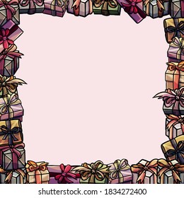 Square frame made of vector gifts, cartoon style, shopping, gifts, ribbons, box, surprise, holiday, new year, birthday, congratulation, postcard, banner, poster, congratulation, wedding, shop, pink