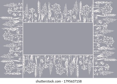 Square frame made of white dry grass covered with hoarfrost. Beautiful design with a winter background for your text, illustration for postcards and invitations