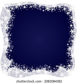 Square frame made of white snowflakes on a dark blue background. Vector illustration, flat minimal cartoon spinner winter design, eps 10.