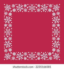 Square frame made of white snowflakes on viva magenta background. Decorative element for Christmas and New Year design. Vector illustration