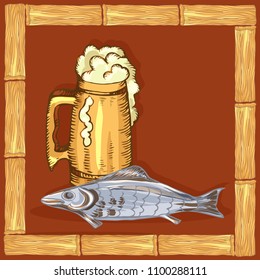 Square frame made of wooden planks. Bath symbols, cards for labelling areas of the sauna. Mug of beer and dry fish for men in the sauna. Vector illustration in sketch style.