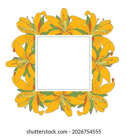 A square frame made of yellow lilies for creating wedding invitations, printing on postcards and objects, bags, clothes, etc. A bright botanical illustration with a stylized image of lilies.