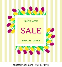 A square frame made of yellow and purple tulips against a background of yellow strips. Sale.