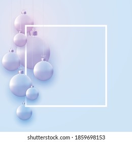 Square frame with matt light blue christmas balls hanging on threads. Space for text. Vector festive illustration.