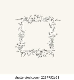 Square frame with meadow herbs. Botanical background with dried plants. Black and white. Line art style. Layout border for invitations, postcards, logos, covers, labels.