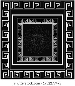 square frame with meander pattern. Vector. Sun woman face. Black background
