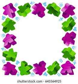Square frame of meeples for board games. Green and purple game pieces, and resources counter icons isolated on white background. Vector border for design boardgames advertisement