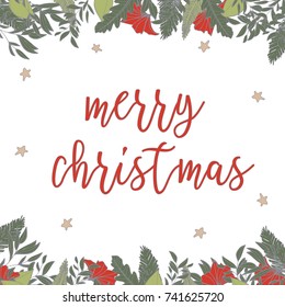 Square frame with message "merry christmas" lettering, flowers and leaves background, christmas hand drawn illustration. 