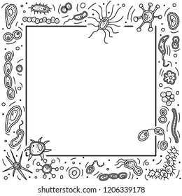 Square frame with microorganisms cells. Coloring page with bacterias shapes. Vector doodle style composition.