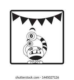 square frame of monster with bulging eyes and garlands party