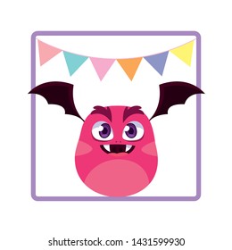square frame with monster flying and party garlands