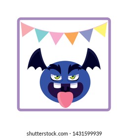square frame with monster flying and party garlands
