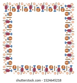 A square frame of mulled wine in glasses, cinnamon sticks, halves and slices of orange, pieces of sugar, jars of honey and baddle stars on a white background. For banners, cards, advertising. Vector.