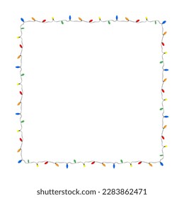 Square frame with multi colored Christmas lights for garlands. Decorating Christmas cards with lights and garlands. Cartoon vector isolated on white background