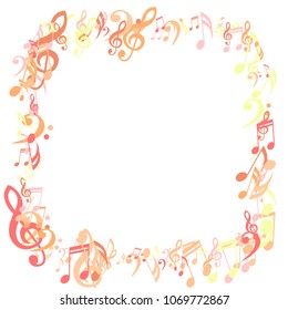 Square Frame of Musical Notes. Abstract Background with Notes, Bass and Treble Clefs. Vector Element for Musical Poster, Banner, Advertising, Card. Minimalistic Simple Background.