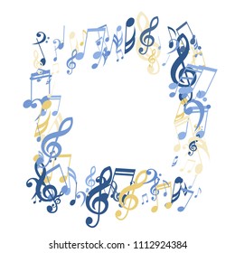 Square Frame of Musical Notes. Abstract Background with Notes, Bass and Treble Clefs. Vector Element for Musical Poster, Banner, Advertising, Card. Minimalistic Simple Background.