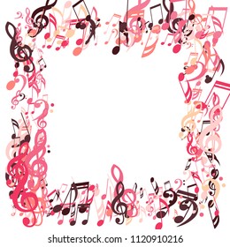 Square Frame of Musical Notes. Abstract Background with Notes, Bass and Treble Clefs. Vector Element for Musical Poster, Banner, Advertising, Card. Minimalistic Simple Background.