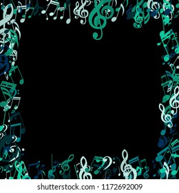 Square Frame of Musical Notes. Abstract Background with Notes, Bass and Treble Clefs. Vector Element for Musical Poster, Banner, Advertising, Card. Minimalistic Simple Background.