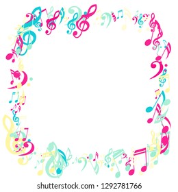 Square Frame of Musical Notes. Abstract Background with Notes, Bass and Treble Clefs. Vector Element for Musical Poster, Banner, Advertising, Card. Minimalistic Simple Background.