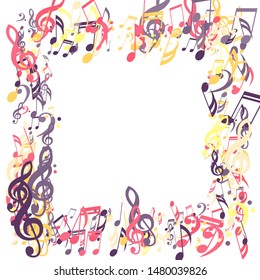 Square Frame of Musical Notes, Bass and Treble Clefs. Vector Background.