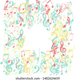 Square Frame of Musical Notes, Bass and Treble Clefs. Vector Background.
