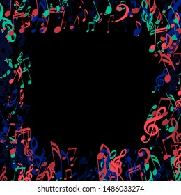 Square Frame of Musical Notes, Bass and Treble Clefs. Vector Background.