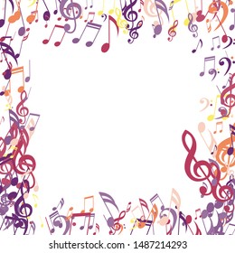 Square Frame of Musical Notes, Bass and Treble Clefs. Vector Background.