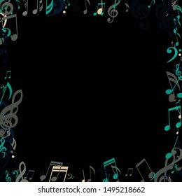 Square Frame of Musical Notes, Bass and Treble Clefs. Vector Background.