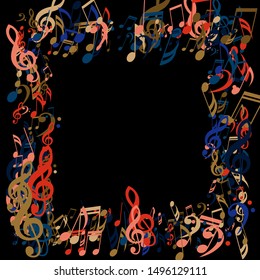 Square Frame of Musical Notes, Bass and Treble Clefs. Vector Background.